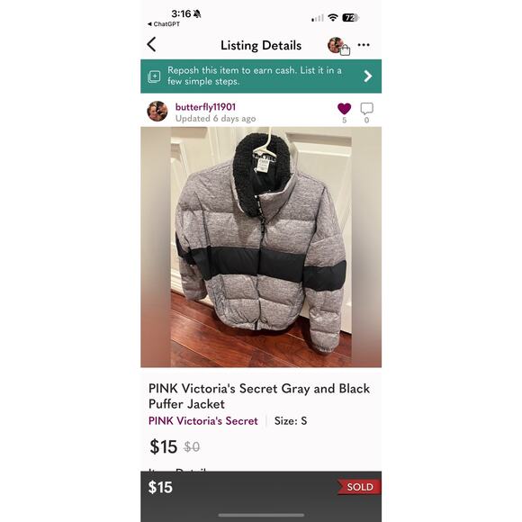 PINK Victoria’s Secret Puffer Jacket Size Small Gray Black Colorblock Rare - Picture 2 of 7